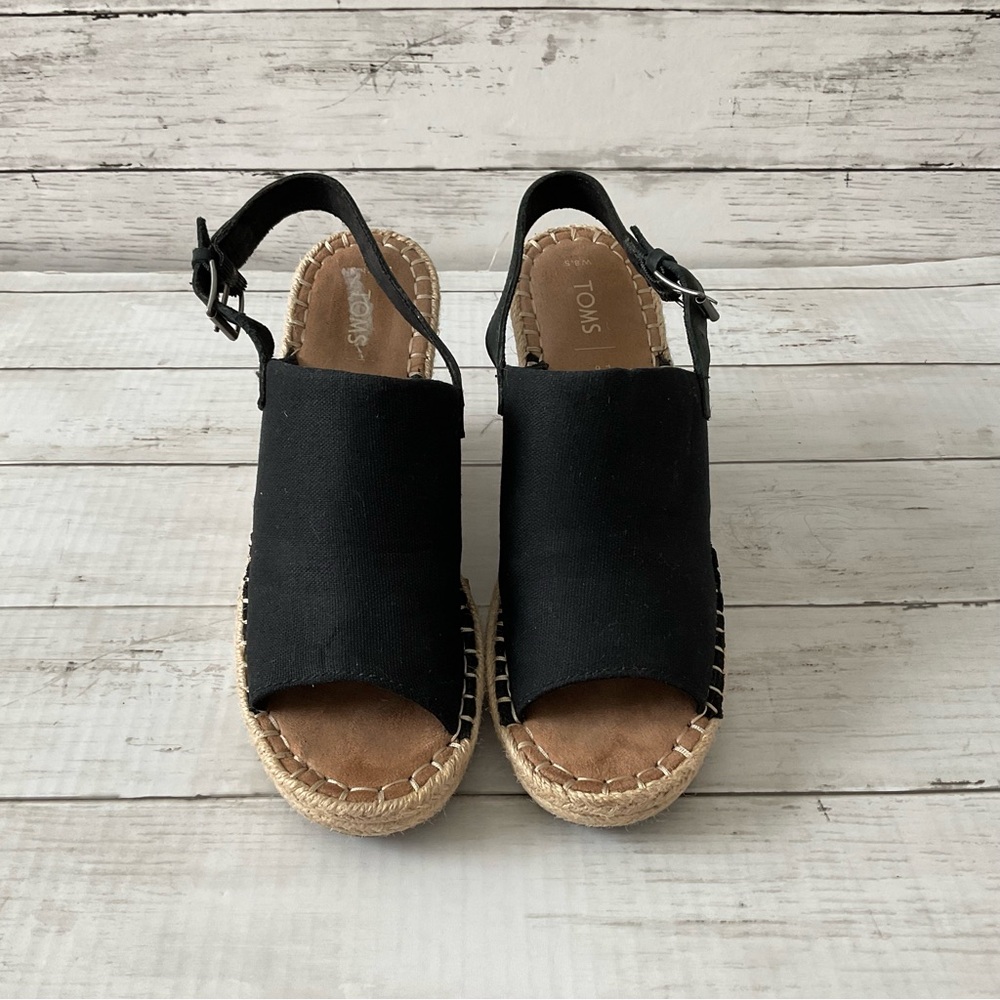 TOMS Black Open-Toe Espadrilles, Monica heels, cushion insole, sling back, sz8.5